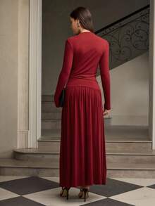 ZEYLAH Elegantes gerafftes Dekor-Knopf-Hohlkleid, Herbst/Winter - Rot - Übersicht 3