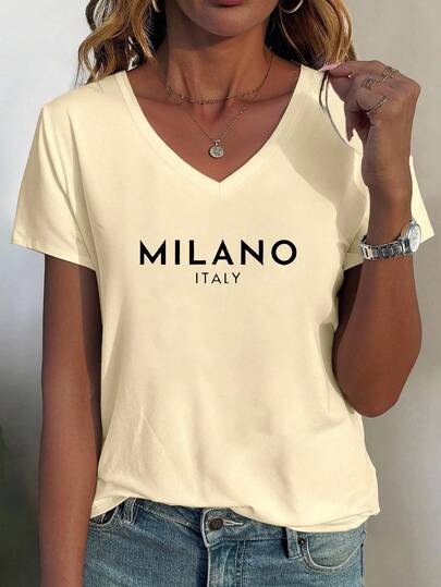 Camiseta informal de mujer de manga corta con cuello en V y estampado de letras sencillo