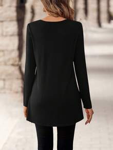 EMERY ROSE 简约纯色休闲圆领长袖女式T恤 - 黑色 - 查看 2