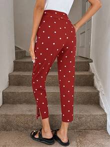 SHEIN LUNE New Black & White Polka Dot Print Pants With Pockets And Slit Hem, 3/4 Length - Red - View 3