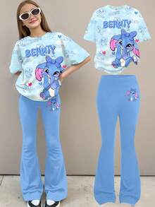 SHEIN Leap Crew 可爱卡通蓝色兔子露露，针迹图案，清新海洋蓝扎染，少女休闲宽松圆领短袖T恤和喇叭裤两件套，夏季服装，轻松舒适，儿童秋季分层，时尚儿童，休闲装，儿童图案服装，返校，秋季服装，返校节，别致秋季，秋季新款 - 彩色 - 查看 4