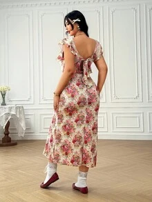 Dreamara Plus Size Women's Romantic Vintage Lace Cap Sleeve Floral Print Cinched Waist Maxi Dress, Spring,Beach Dress Sundress,Holiday Outfits Boho - Multicolor - View 2