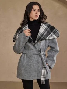 DAZY Women's Autumn/Winter Wool Blend Plaid Patchwork Cinched Waist Elegant Business Casual Overcoat