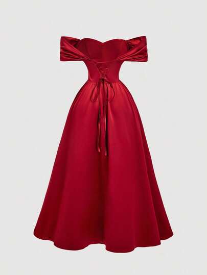 SHEIN MOD Plus Size Women's Off Shoulder Tie-Up Waist Midi Dress, Burgundy,Fall/Winter,Party,Elegant, Red Satin Dress, Off Shoulder Dress, Red Formal Dress, Red Tea Length Dress, Red Party Dress,Wedding Guest Dress For Women//Valentine's Day