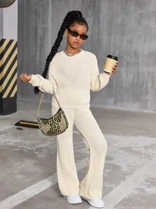 Sparklyn Conjunto de dos piezas de suéter para niñas preadolescentes - Suéter de punto grueso sólido en beige y pantalones de pierna ancha, suéter de cuello redondo de ajuste relajado con pantalones rectos de estar en casa, ropa cómoda y casual para primavera/otoño/invierno - Albaricoque - Ver 3