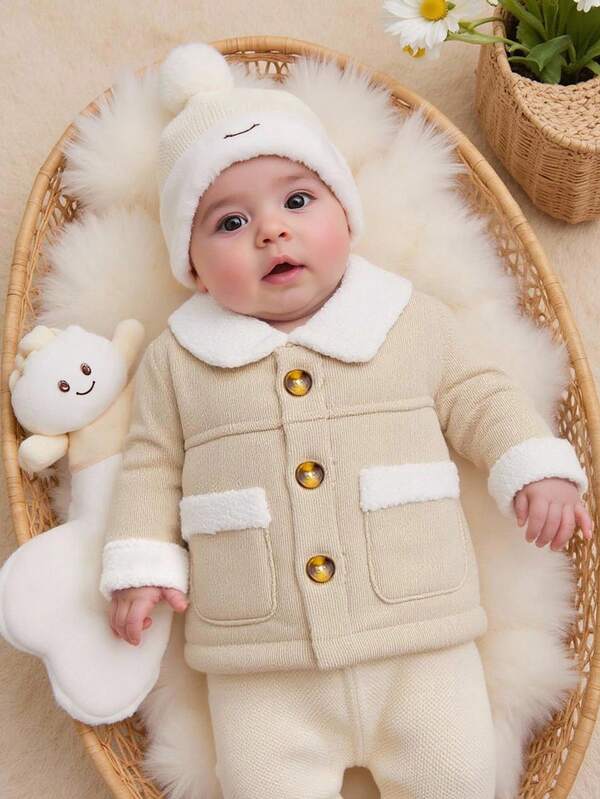 SHEIN Cute Newborn Baby Corduroy Jacket With Plush Collar, Autumn/Winter Outerwear Fall