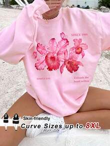 SHEIN CURVE+ Áo nỉ cổ tròn rộng rãi họa tiết hoa tối giản giản dị cỡ lớn, mùa thu/đông Thu/Đông - Hồng - Xem 1