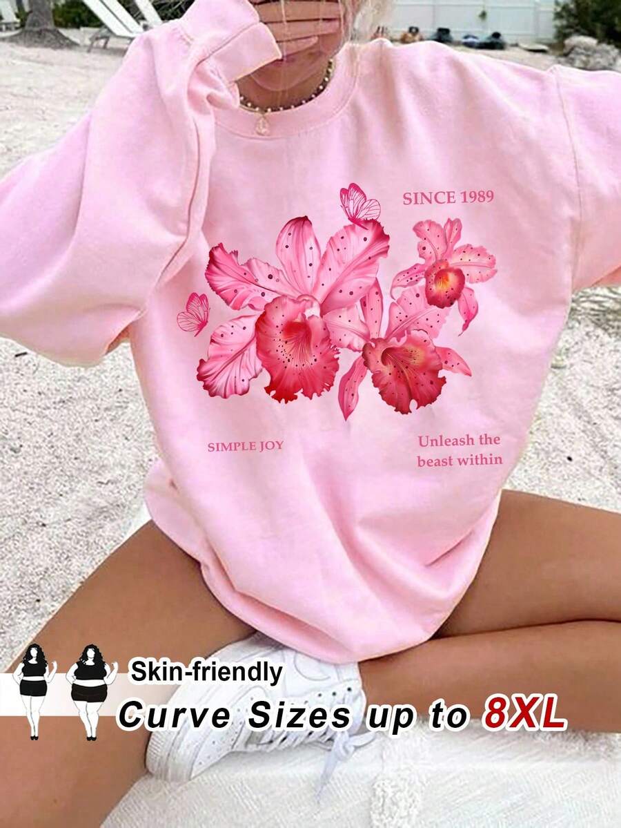 SHEIN CURVE+ Áo nỉ cổ tròn rộng rãi họa tiết hoa tối giản giản dị cỡ lớn, mùa thu/đông Thu/Đông - Hồng - Xem 1