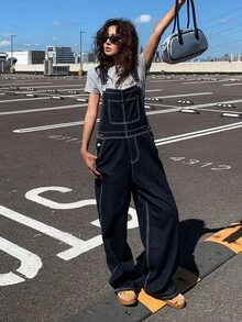 DAZY 女士宽松休闲纯色大口袋牛仔背带裤 Y2k