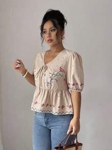 Rafferiza 优雅浪漫V领系带设计花卉印花女式夏季衬衫 - 香檳色 - 查看 5