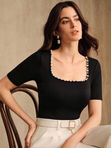 Anewsta New Fashionable Seamless Fitted Rhinestone Embellished Crew Neck T-Shirt