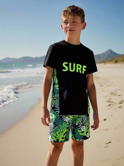 Tween Boy Tropical Print & Letter Graphic Raglan Sleeve Swimsuit Boys Big Kids (8-14 Years) 2-Piece Swim Set: Short Sleeve "SURF" Neon Green Rash Guard T-Shirt & Tropical Leaf Print Beach Shorts Quick Dry UPF 50+ Swim Trunks For Beach Surfing Boys Outfit Sets
