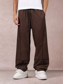 SUMWON Quần ống rộng bằng nylon thông thường có đường viền tương phản, cạp chun, dáng rộng, có dây rút, thời trang dạo phố thu đông, thường ngày - màu nâu - Xem 4