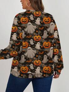 EMERY ROSE Áo nỉ chui đầu cổ tròn tay dài dáng rộng in hình ma, dơi, bí ngô giả Halloween cỡ lớn dành cho nữ, mùa thu/đông - Nhiều màu - Xem 7
