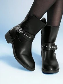 Sugerpunk Women's Black Slip-On Buckle Motorcycle Boots, Leather Low Heel Riding Boots, Leather Dress Boots, Mid-Calf Boots - Black - View 4