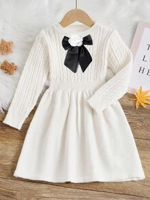 SHEIN Abito a vita svasata a girocollo in maglia melange per ragazze pre-adolescenti, decorato con fiocco, stile elegante da signora, versatile per tutte le stagioni