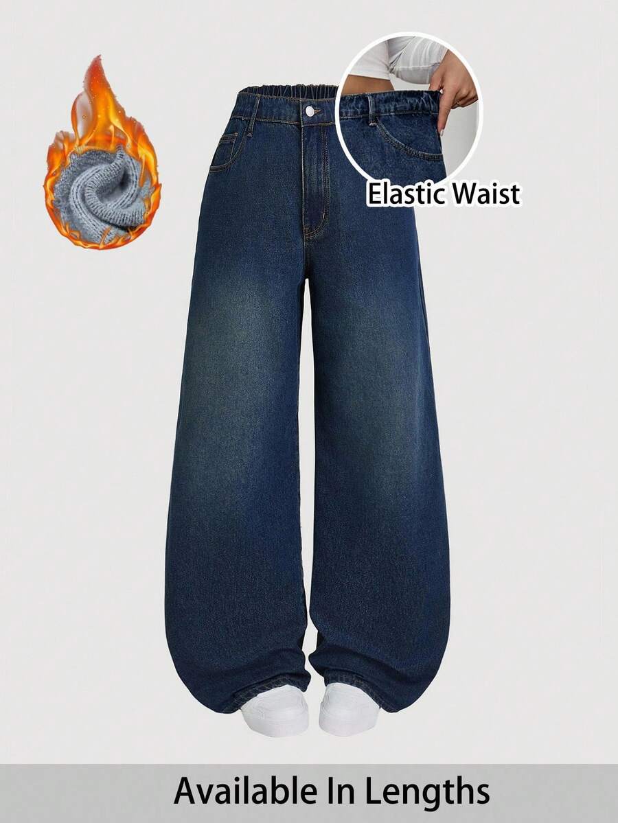 SHEIN Tall CURVE 大码秋冬万圣节圣诞节可爱街头风生日机场商务休闲女装乡村复古保守老钱商务休闲女装工作教师女装教堂女装保暖内衬牛仔裤女装高腰口袋阔腿宽松休闲百搭蓝色牛仔裤百搭大码高腰蓝色牛仔裤日常时尚 - 藍色 - 查看 1