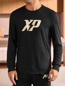 Manfinity Underwear&Sleepwear Basics Men's Letter Print Crew Neck Long Sleeve Top And Pants Pajama Set, Fall Winter Clothes - Black - View 4