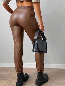 EURMUSE Pantalones de PU con cinturón - Marrón - Ver 2
