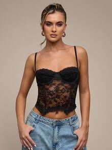 SHEIN BAE Women's Fashion Sexy Lace Frill Trim Camisole Top - Black - View 4