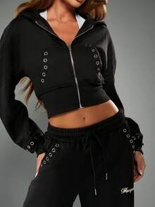 MISSGUIDED Quần thể thao ống rộng có chi tiết lỗ xỏ dây, cạp chun rút, thích hợp mặc ở nhà và dạo phố - màu đen - Xem 4