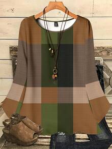 EMERY ROSE Plus Size Women Casual Allover Print Loose Fit Round Neck 3/4 Sleeve Blouse, Suitable For Spring And Autumn Chic Blouses For Women - Multicolor - View 1