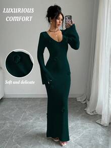 Elenzga Váy len dệt kim dài tay loe họa tiết hoa 3D cổ chữ V sâu thanh lịch dành cho nữ, thích hợp cho đám cưới, tiệc ngày lễ tình nhân, kỳ nghỉ, mặc nhà & ngoài trời, mùa thu/đông - Màu xanh lá cây đậm - Xem 1