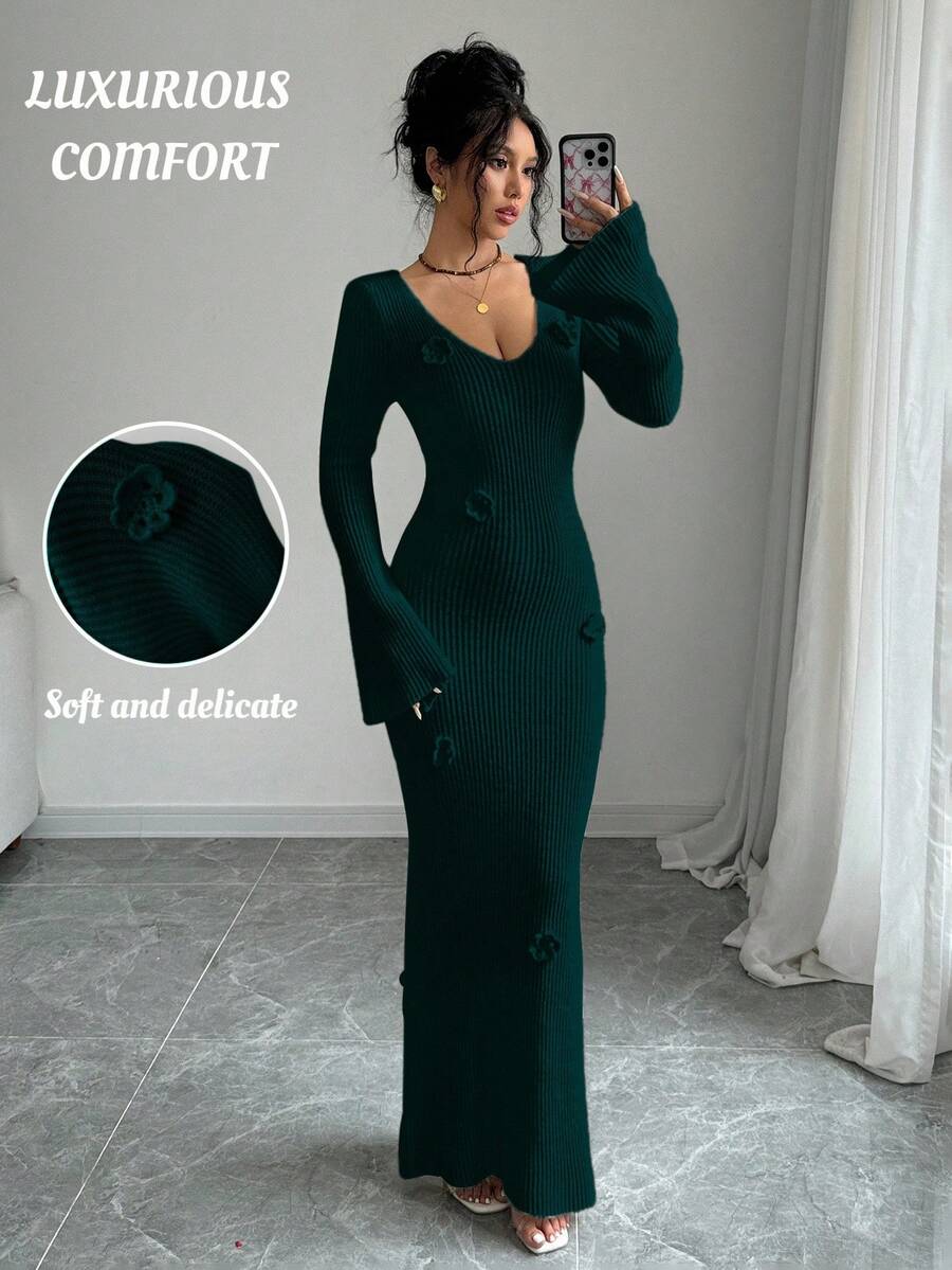 Elenzga Váy len dệt kim dài tay loe họa tiết hoa 3D cổ chữ V sâu thanh lịch dành cho nữ, thích hợp cho đám cưới, tiệc ngày lễ tình nhân, kỳ nghỉ, mặc nhà & ngoài trời, mùa thu/đông - Màu xanh lá cây đậm - Xem 1