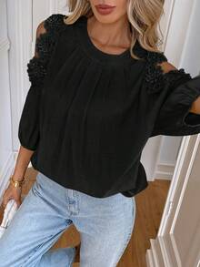 SHEIN LUNE Chemise décontractée ample à col rond et épaules dénudées plissée de couleur unie pour femmes - Noir - Voir 7