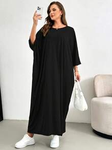 SHEIN Essnce 大码女装春夏时尚休闲宽松舒适日常基本款修身灰色七分袖长裙，简约风格，大码连衣裙，教堂连衣裙女装，外出装 - 黑色 - 查看 4