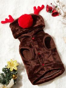 PETSIN 1 Stück Haustier Hund Braun Plüsch Weihnachts Rentier Kostüm - Warme Fleece Kapuzen Strickjacke, Festliches Feiertags Outfit für kleine Hunde mit süßer Geweih Dekoration