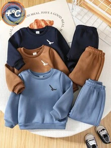 SHEIN 6 件套男童/女童百搭休闲宽松运动衫和运动裤套装，蓝色、卡其色、海军蓝，适合日常穿着和户外，秋冬季