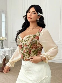 Dreamara 大码女式度假荷叶边装饰领口灯笼袖复古秋季衬衫