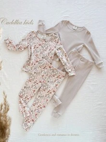 4件套女童柔软舒适贴身睡衣套装，花卉叶子数码印花，休闲圆领长袖上衣和裤子，秋冬季女童家居服套装，花卉睡衣套装，两件套睡衣，女童舒适睡衣套装，两件套嘉年华秋季长袖套装，女童“贴身睡衣”、“紧身”、“贴身” - 杏色 - 查看 3