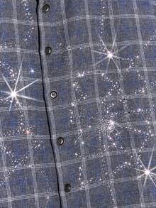 NEON BLANC Men's Street Fashion Woven Rhinestone Spider Web Plaid Short Sleeve Shirt, Halloween - Navy Blue - View 7