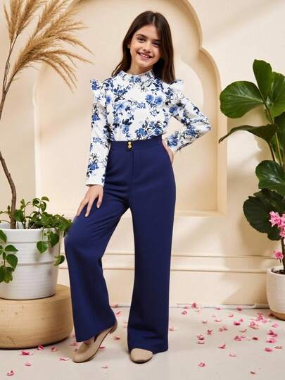 Sparklyn Tween Girl 2pcs/Set Elegant Set, Digital Printed Shirt And Long Pants, Jacquard Fabric, Autumn