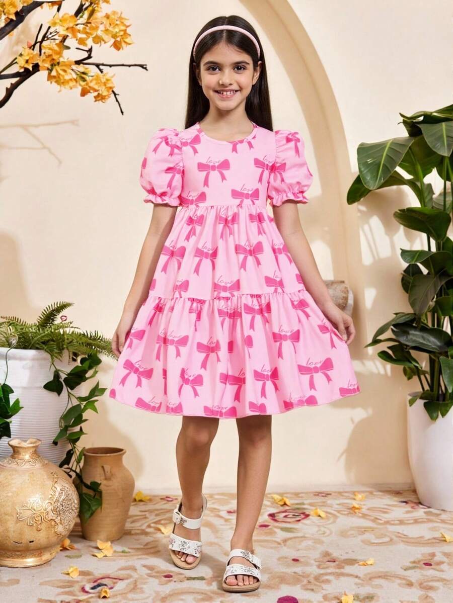 Tween Girl Elegant And Cute Bowknot Puff Sleeve Princess Dress - Pink - View 1