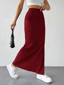 EURMUSE Falda tubo con detalle de abertura de unicolor para mujer - Burdeos - Ver 4