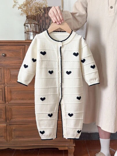 SHEIN Vintaside Kids 女婴休闲心形提花针织连体衣，秋冬