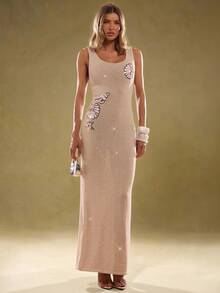 SHEIN BAE 女士无袖花卉亮片装饰方领针织连衣裙、女士夏装、、女士连衣裙、女士夏装、女士度假装、女士沙滩装、毛衣、沙滩、女士生日礼服、女士优雅连衣裙、秋季服装、返校服装、秋季毛衣、女士秋季服装、秋季服装性感连衣裙、女士秋季服装、秋季毛衣、女士秋季服装、万圣节毛衣、、 - 杏色 - 查看 3