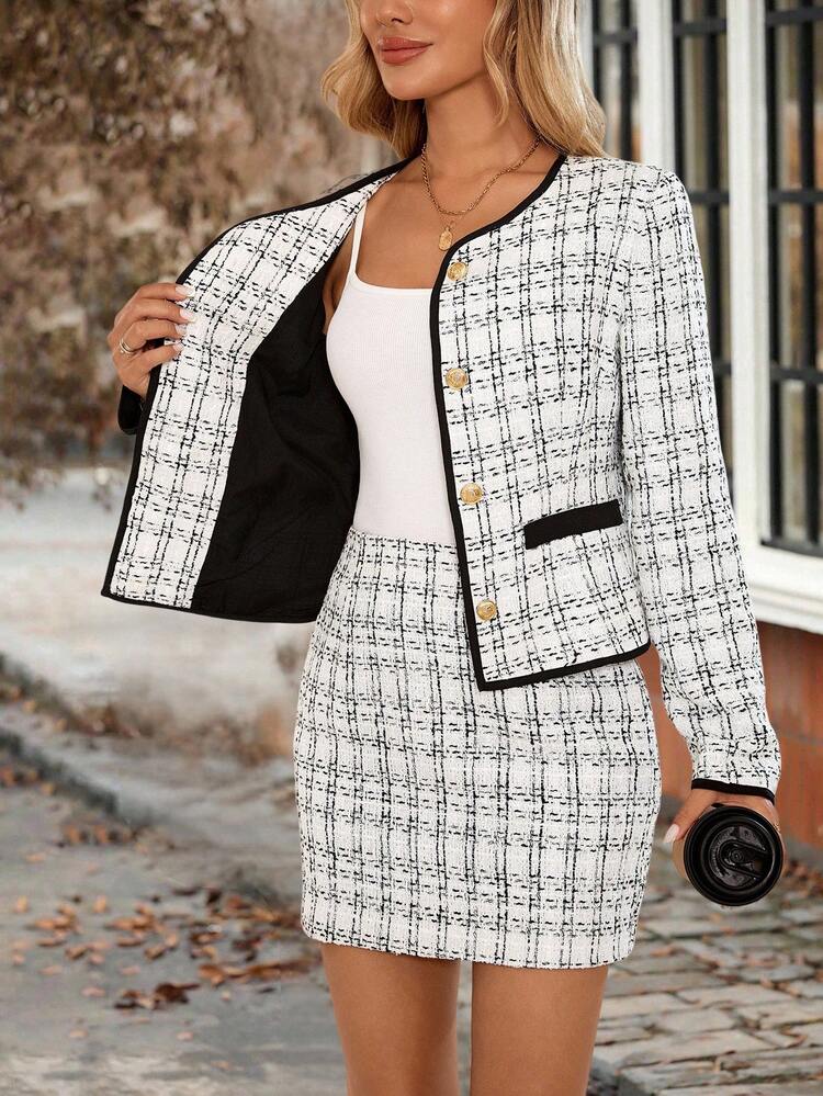 Conjunto de blazer y falda a cuadros elegante para mujer