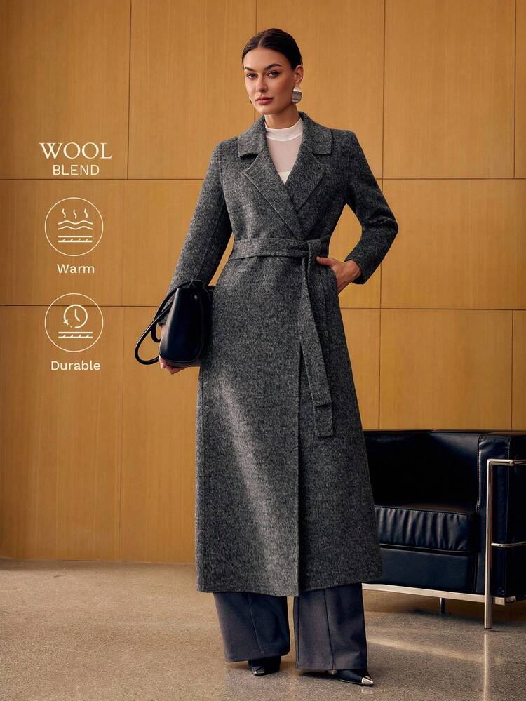 WOOL LAPEL COLLAR DOUBLE BREASTED PLACKET BELTED LONG OVERCOAT