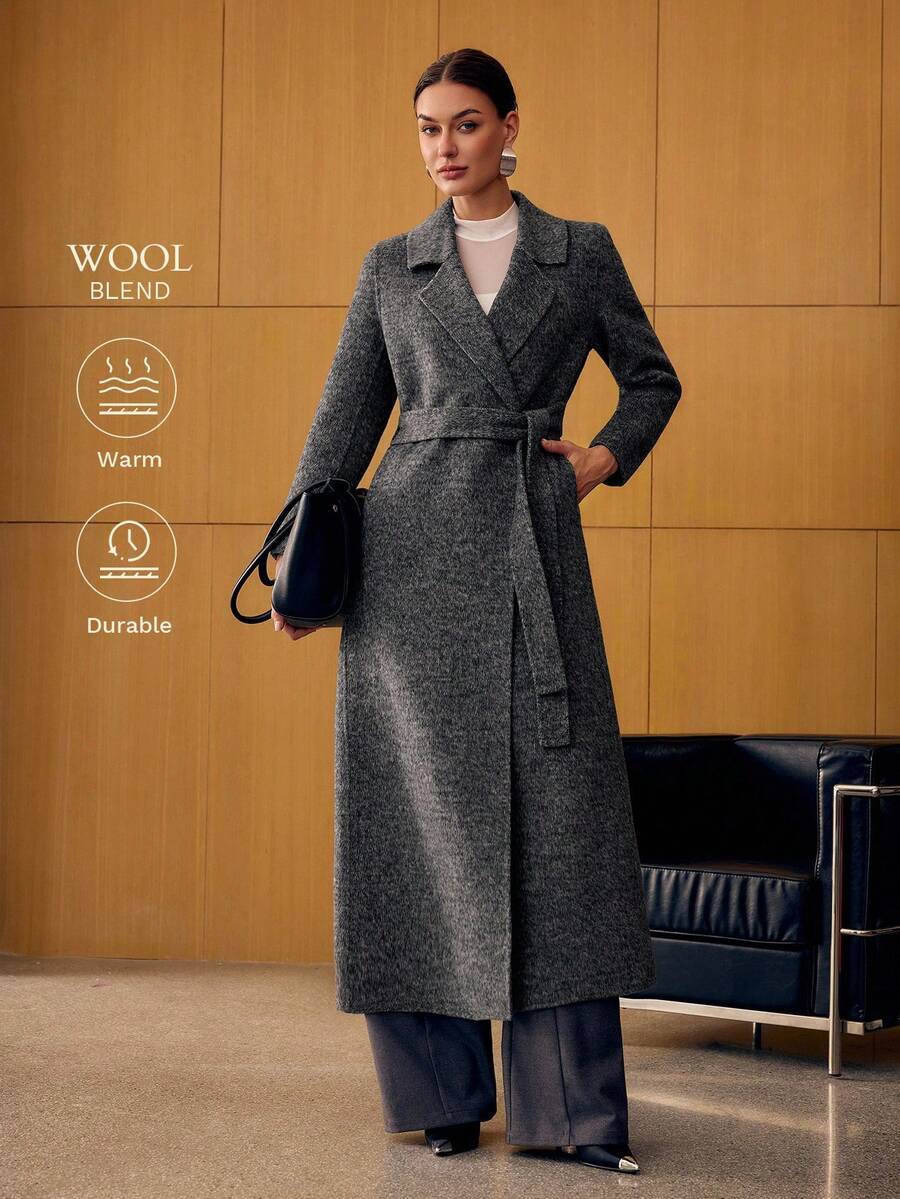 MOTF PREMIUM WOOL LAPEL COLLAR DOUBLE BREASTED PLACKET BELTED LONG OVERCOAT