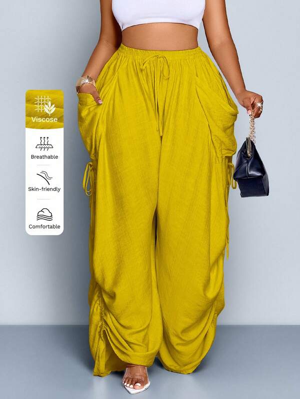 SOLERSUN Plus Size Women Solid Color Casual Loose Pocket Drawstring Pants
