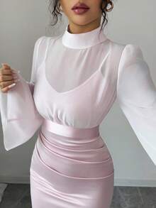 Elenzga Vestido de tirantes suelto de unicolor con chal de malla, conjunto de dos piezas elegante, de moda, cómodo, encantador y retro para vacaciones, para mujer - Rosa - Ver 4