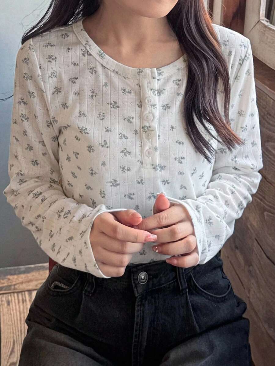 FRIFUL 女式圆领长袖碎花修身休闲领口 T 恤，百搭秋冬 - 彩色 - 查看 1