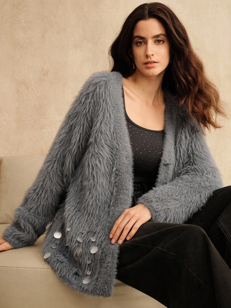 Anewsta Women's Elegant Solid Color Minimalist Urban Chic Metallic Sequin Knit Cardigan Sweater, Women's Gray Sweater