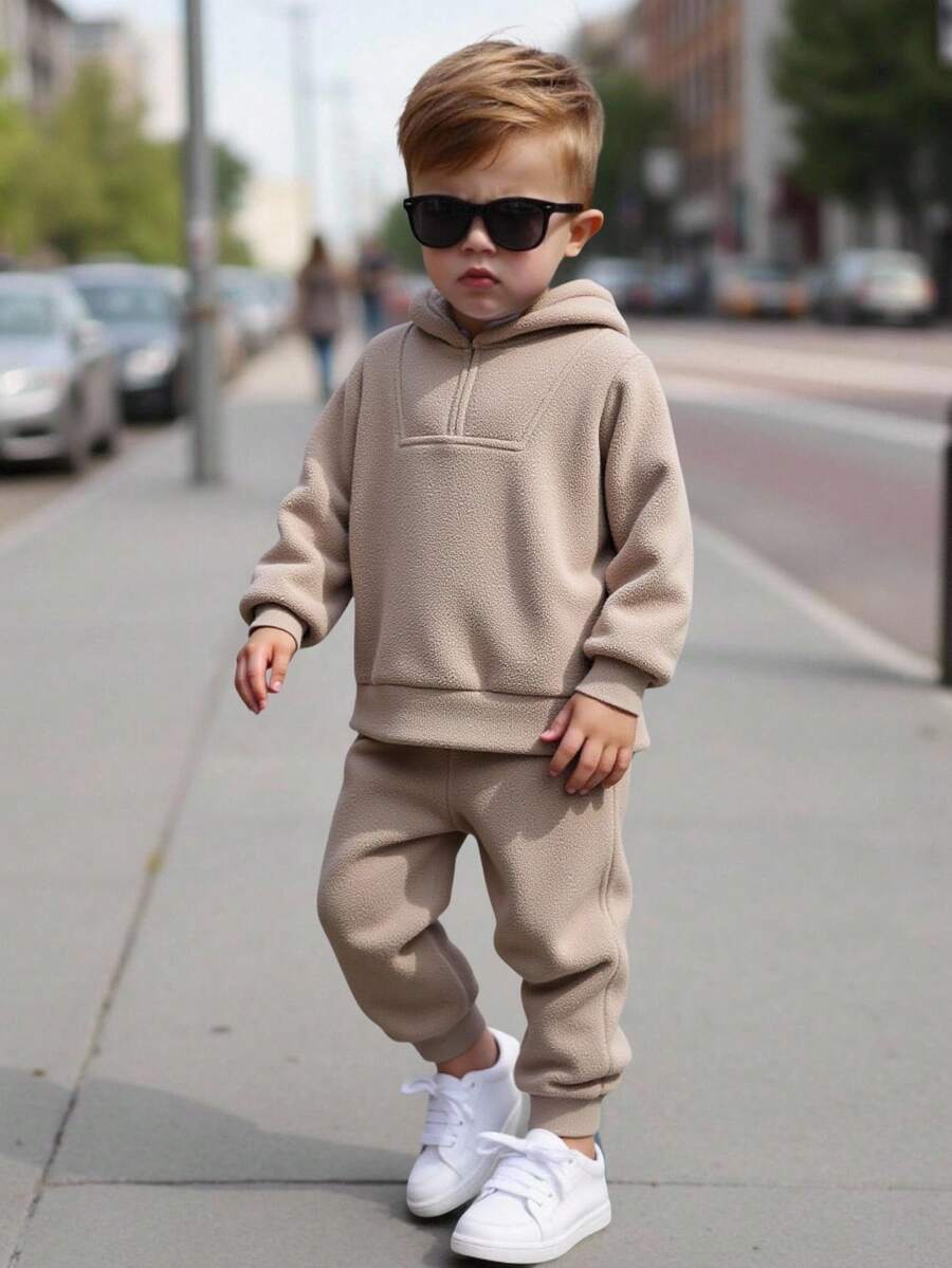 2 件套年轻男童休闲简约连帽衫套装，羊毛加厚，适合秋冬季 - 杏色 - 查看 1