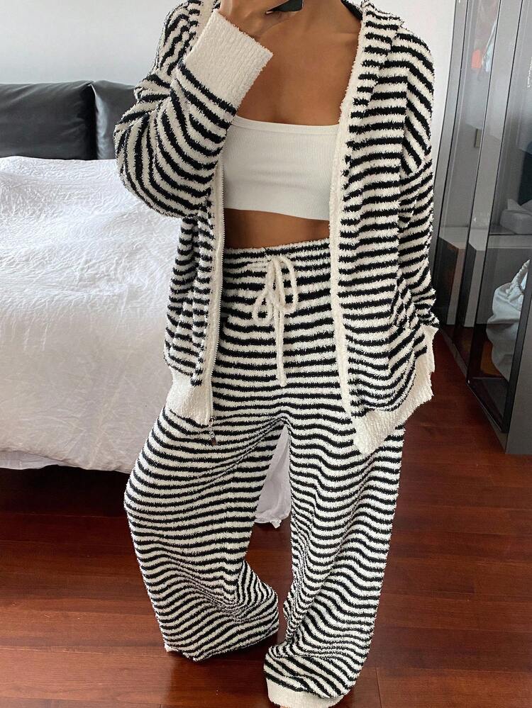 DAZY Set de 2 piezas de pijama con top de manga larga holgado de punto a rayas y pantalones para mujer, ropa de estar por casa casual para otoño/invierno, ropa de otoño, conjunto cálido y esponjoso con forro térmico - Multicolor - Añade 5
