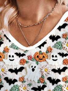 EMERY ROSE New Plus Size Women Fashion Printed Faux Fur Jacquard Halloween Element V-Neck Long Sleeve Loose T-Shirt - Multicolor - View 2
